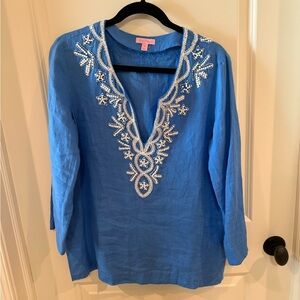 Lilly Pulitzer Silver Embellished Blue Linen Tunic